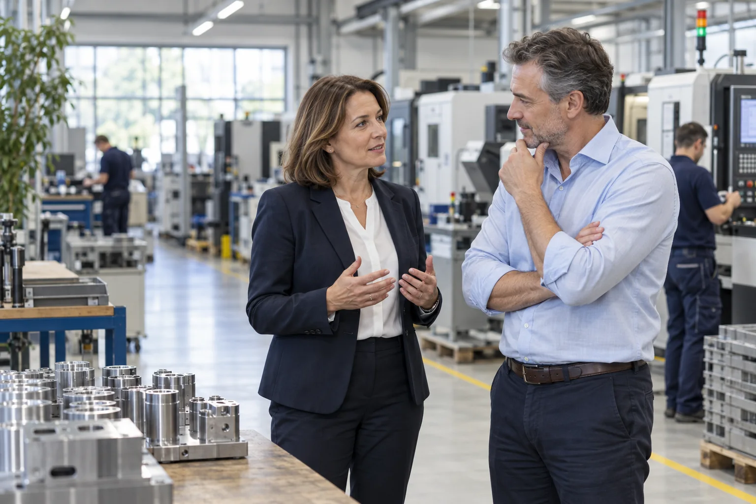Frau und Mann im Gespräch in einer Produktionshalle